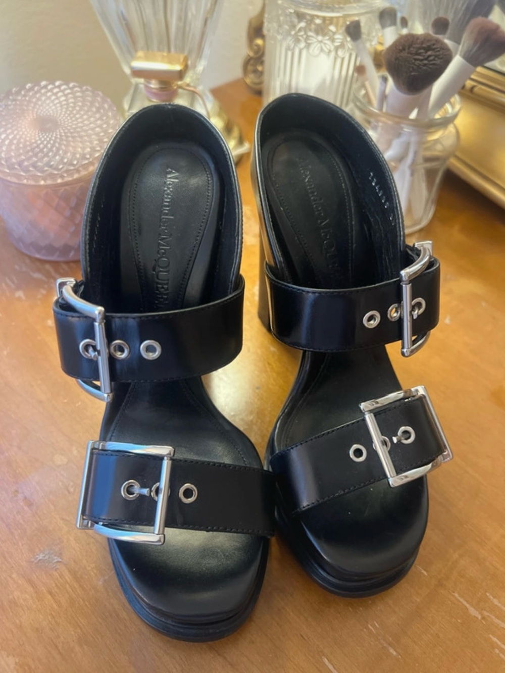Alexander McQueen Black Leather Double-Buckle Platform Sandals